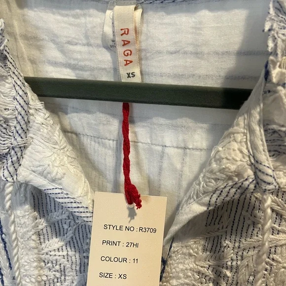 NWT RAGA Fleri White and Blue Striped Floral Embroidered Tie Long Sleeve Dress - Picture 6 of 13